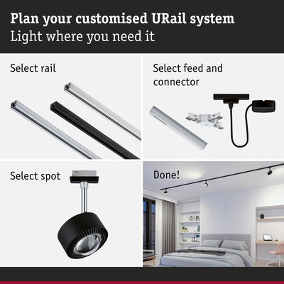 Black URail rail system with spotlights and connectors for customizable LED lighting in bedroom