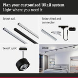 Modular URail track system with black and white aluminium rails for flexible LED lighting setup.