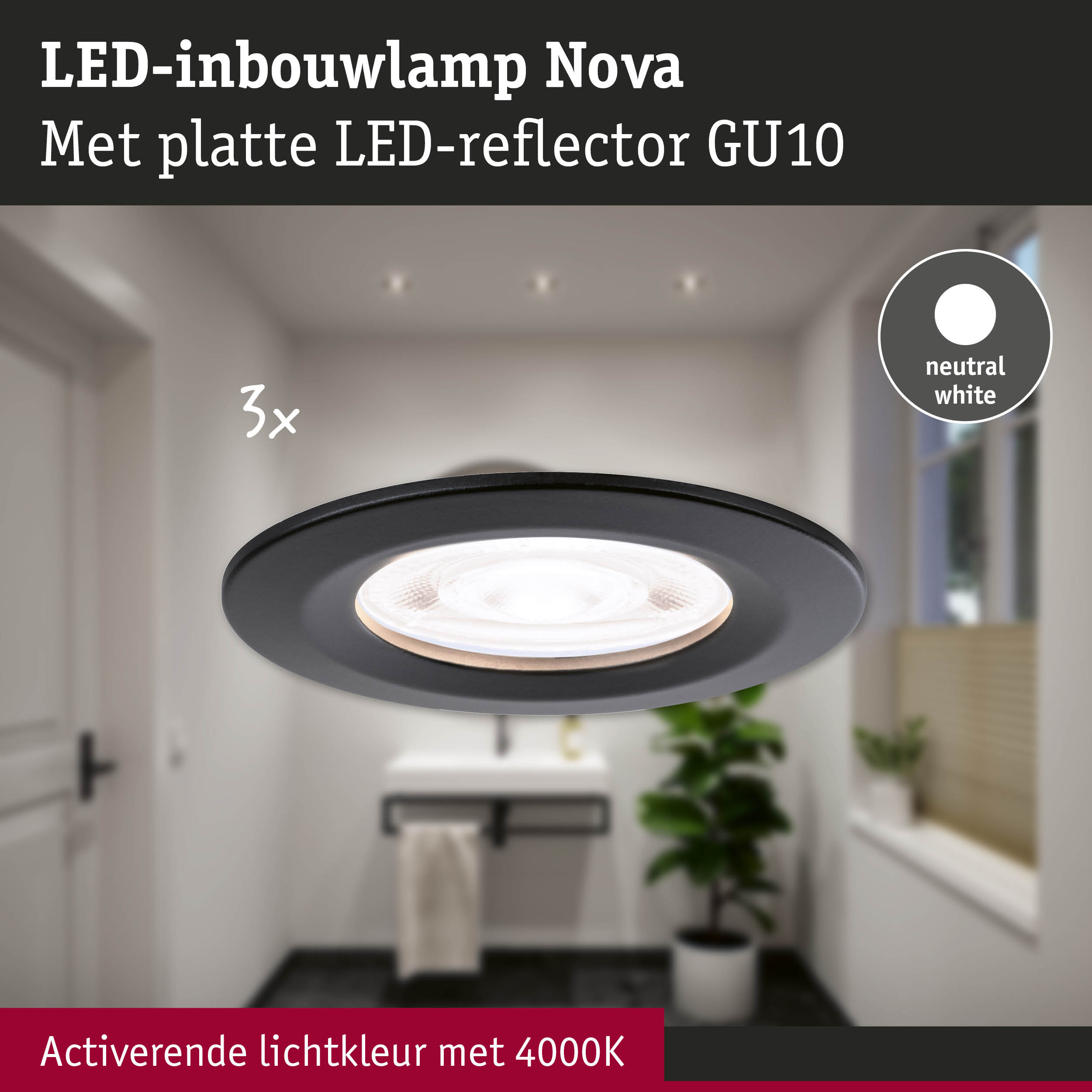 Zwarte LED-inbouwlamp Nova met platte LED-reflector GU10 en neutraal wit licht 4000K