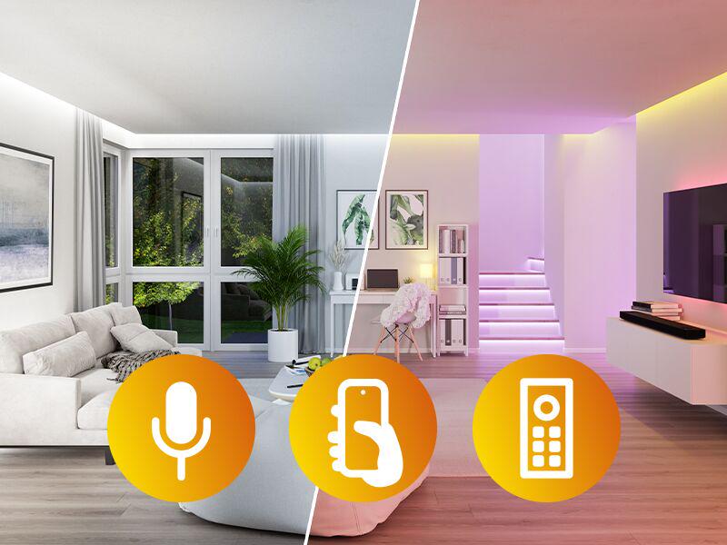 Modernes Wohnzimmer mit Smart-Home-Beleuchtung in Weiß und farbigem Licht, Steuerung per Sprache, App und Fernbedienung