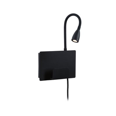 Applique murale LED noire avec bras de lecture flexible et porte-livre intégré en métal pour un éclairage moderne