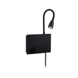 Black LED wall lamp with flexible reading arm and built-in metal book holder for modern lighting design