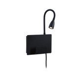 Zwarte LED-wandlamp met flexibele leesarm en ingebouwde metalen boekenhouder voor modern lichtontwerp