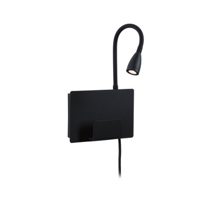 Zwarte LED-wandlamp met flexibele leesarm en ingebouwde metalen boekenhouder voor modern lichtontwerp