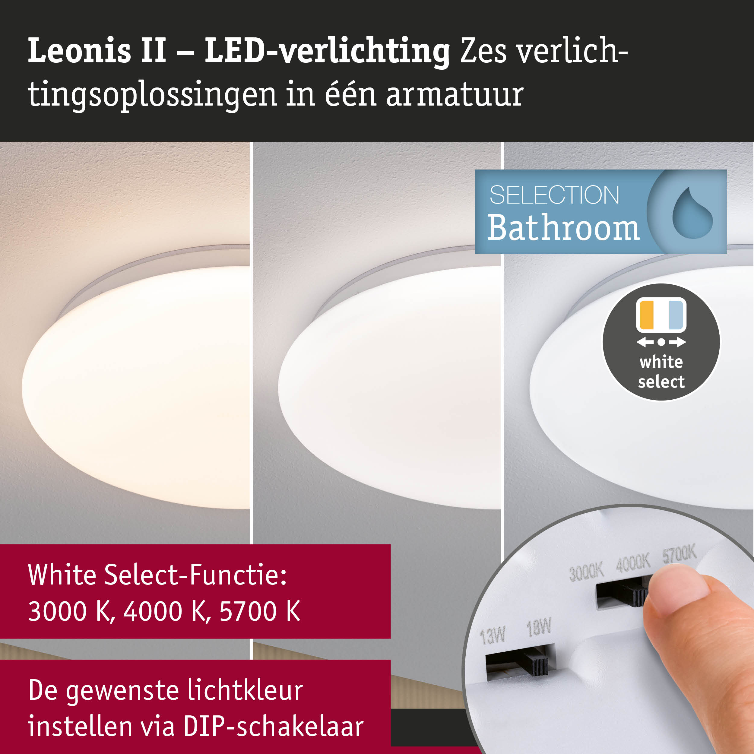 Leonis II LED-plafondlamp met instelbare White Select-functie 3000K tot 5700K voor badkamer