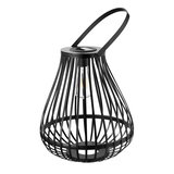 Black metal LED solar lantern with handle and visible bulb, suitable for outdoor lighting.