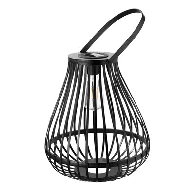 Black metal LED solar lantern with handle and visible bulb, suitable for outdoor lighting.