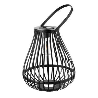 Zwarte metalen LED-zonnewindlicht met handvat en zichtbare lamp voor buitenverlichting.