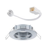 Ronde inbouwspot van zilverkleurig metaal met GU5.3 fitting en witte kabelconnector voor LED-verlichting