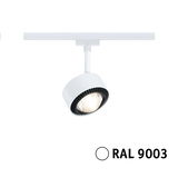 Moderne hvid LED-skinne spotlight med sort reflektorring, farve RAL 9003 til indendørsbelysning.