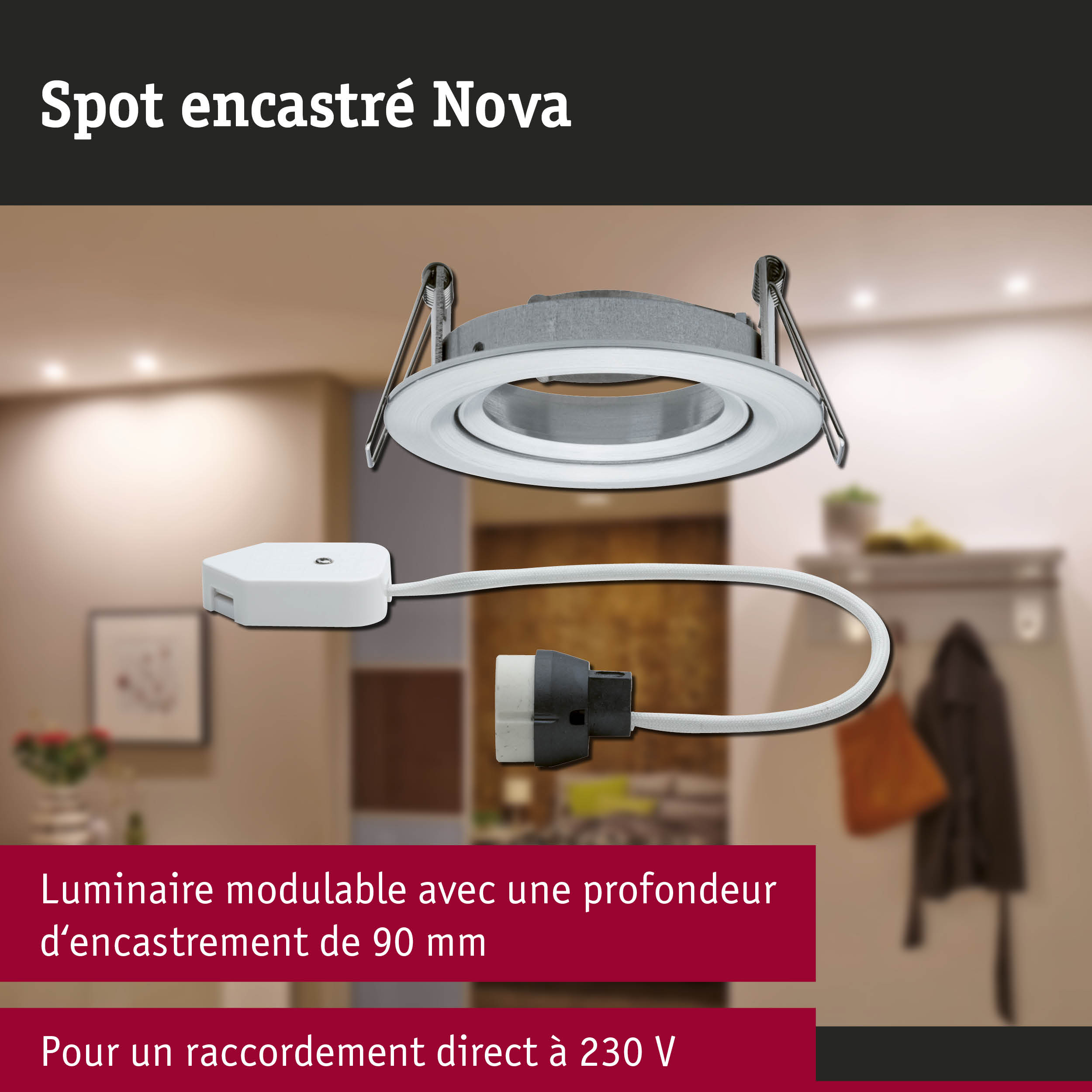 Spot encastré modulable Nova en métal blanc avec profondeur d'encastrement de 90 mm pour raccordement 230 V