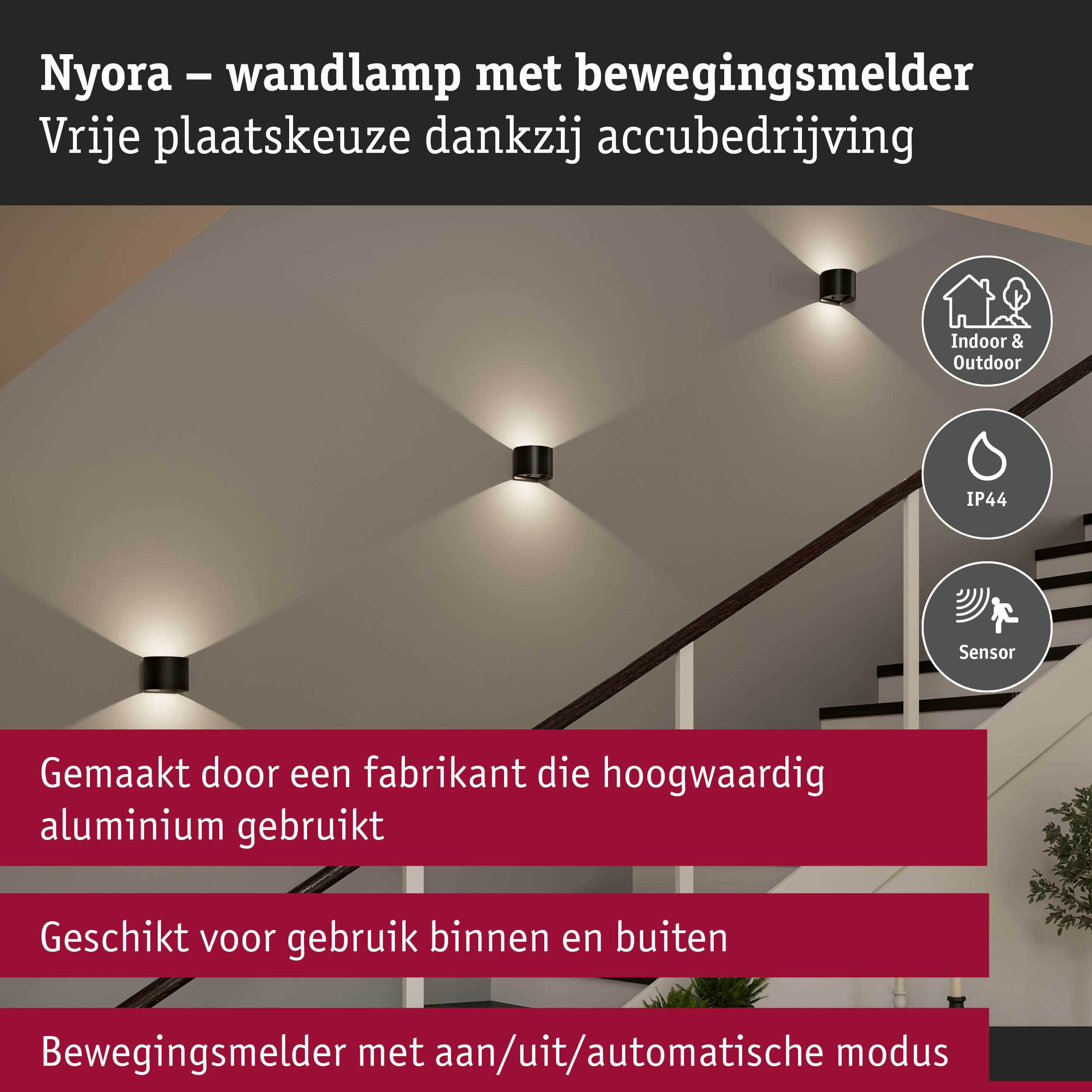 Nyora zwarte aluminium wandlamp met bewegingssensor geschikt voor binnen- en buitengebruik