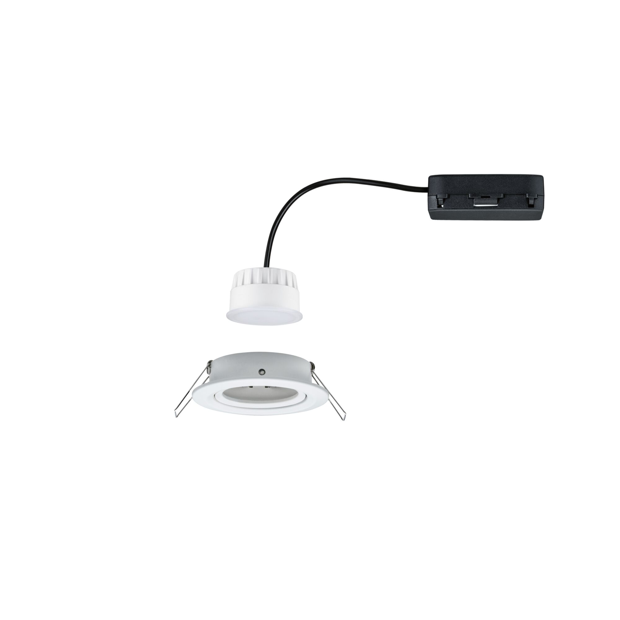 White LED recessed spotlight with black cable and mounting bracket for modern indoor lighting