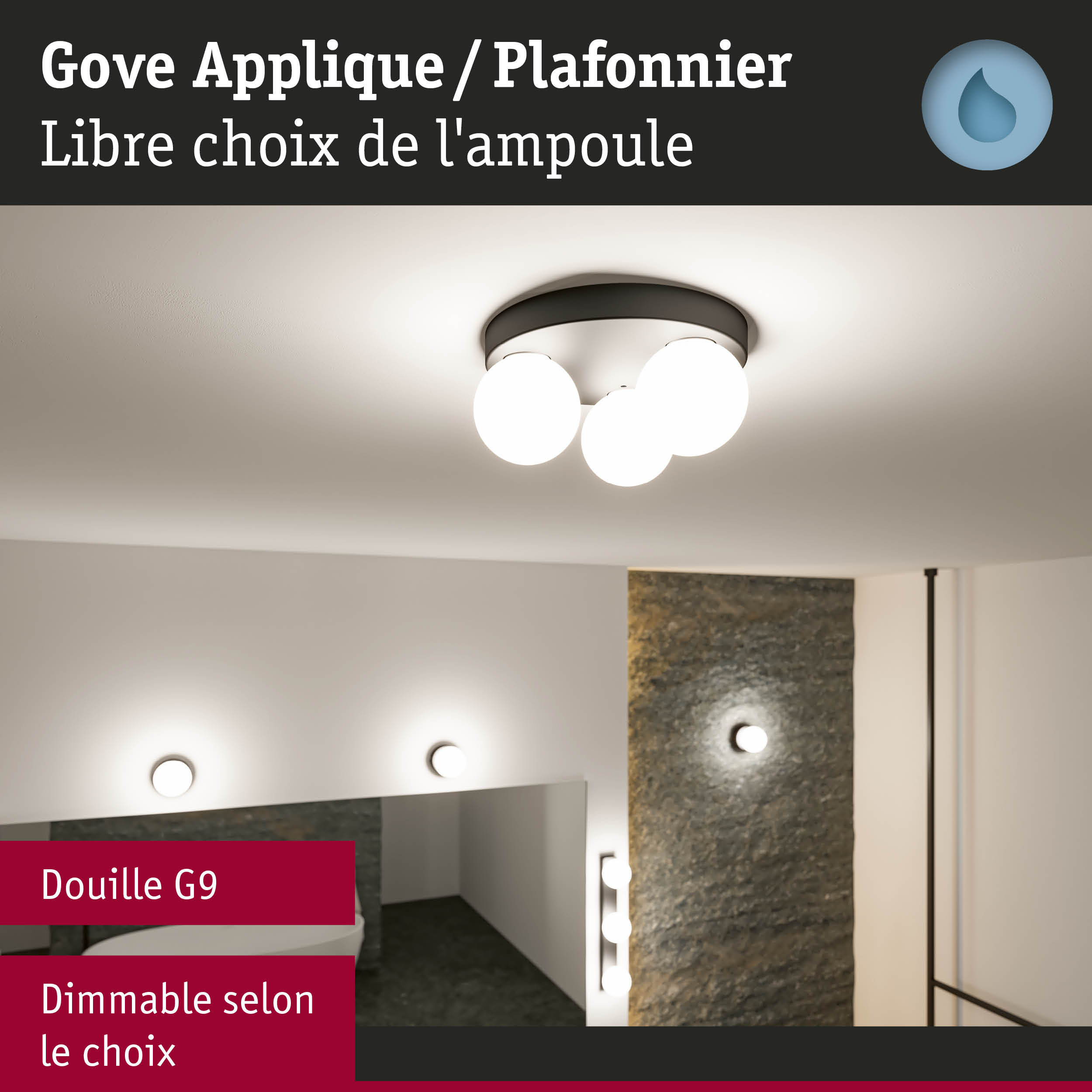 Plafonnier Gove avec cadre métallique noir et trois ampoules blanches, dimmable avec douille G9
