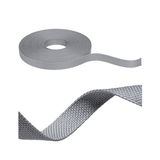 Grey woven textile tape roll with close-up, durable fabric strap for versatile fastening