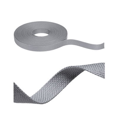 Grey woven textile tape roll with close-up, durable fabric strap for versatile fastening
