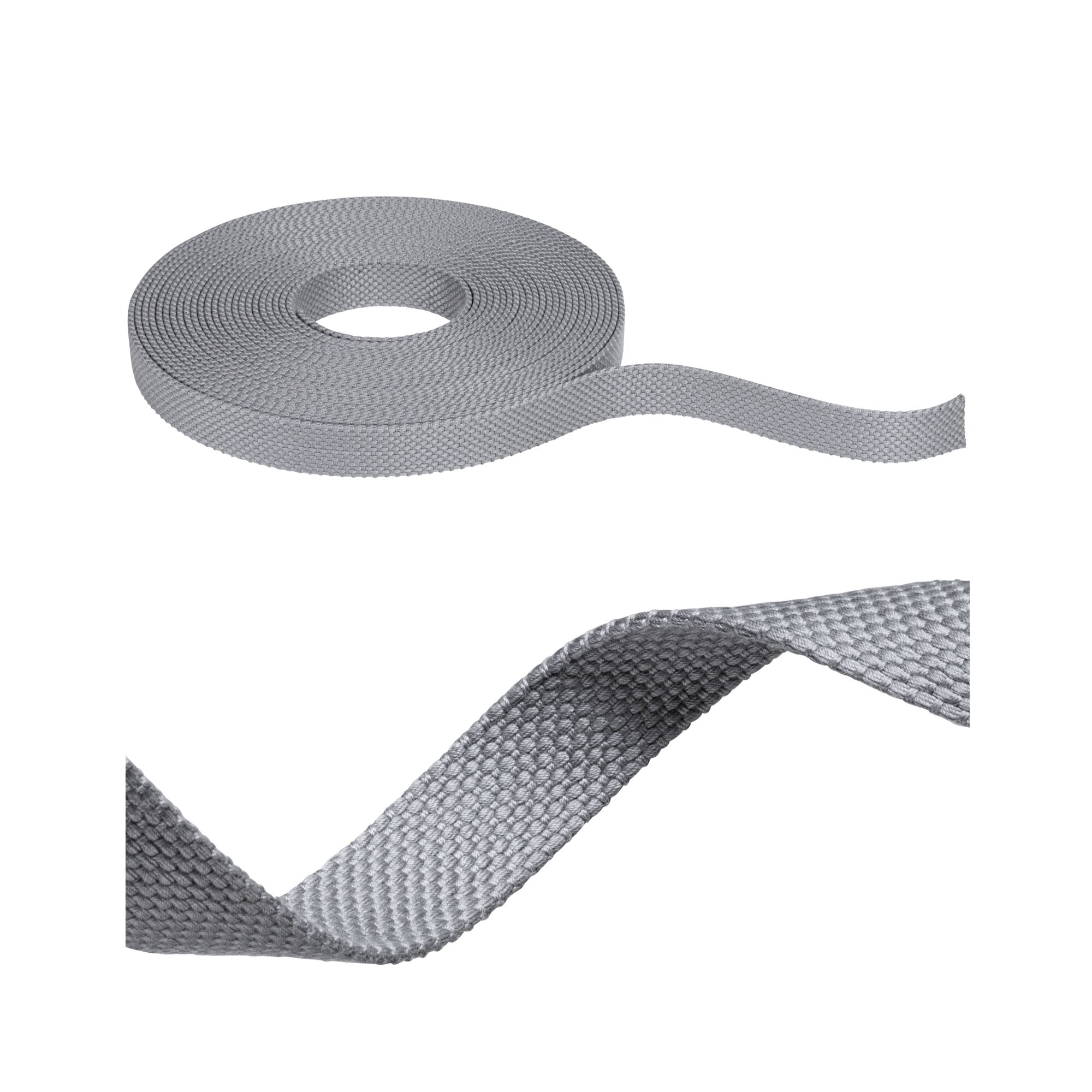 ULine Pas 10m Dacron tekstylny miedziany Szary Grey woven textile tape roll with close-up, durable fabric strap for versatile fastening