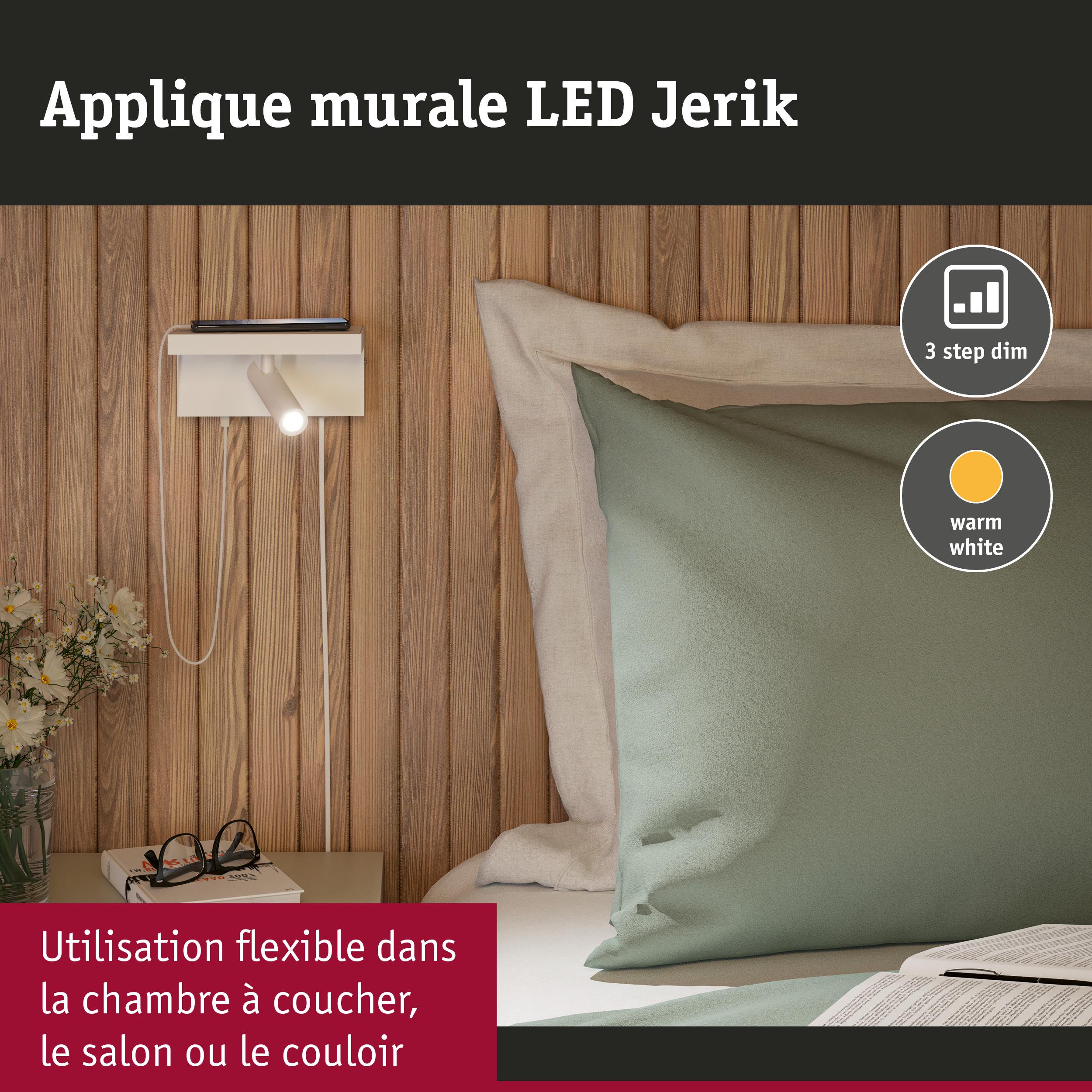 Applique murale LED Jerik blanche avec lumière blanc chaud et variation 3 niveaux sur mur en bois