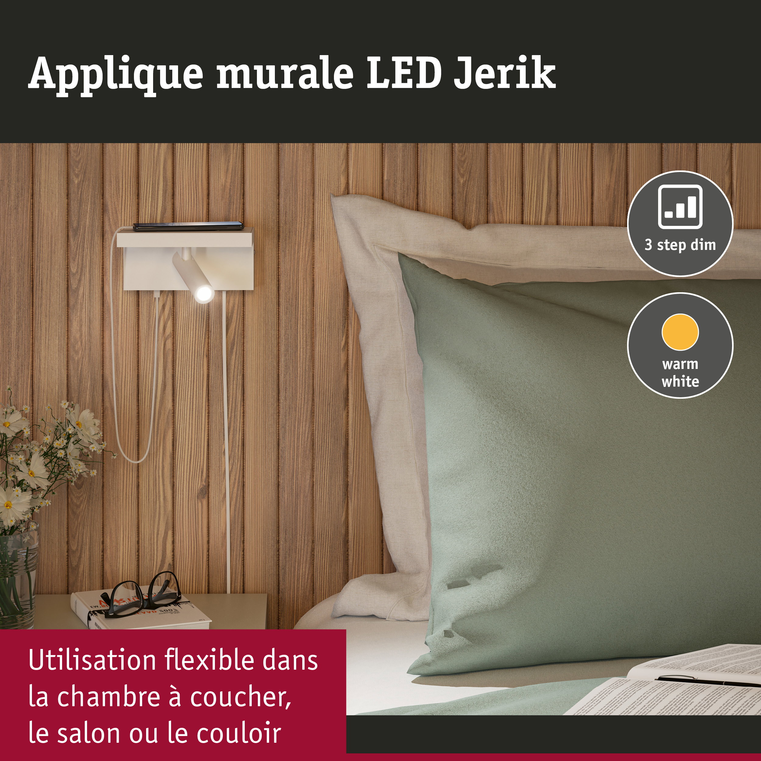 Applique murale LED Jerik blanche en métal avec lumière blanche chaude dimmable pour chambre