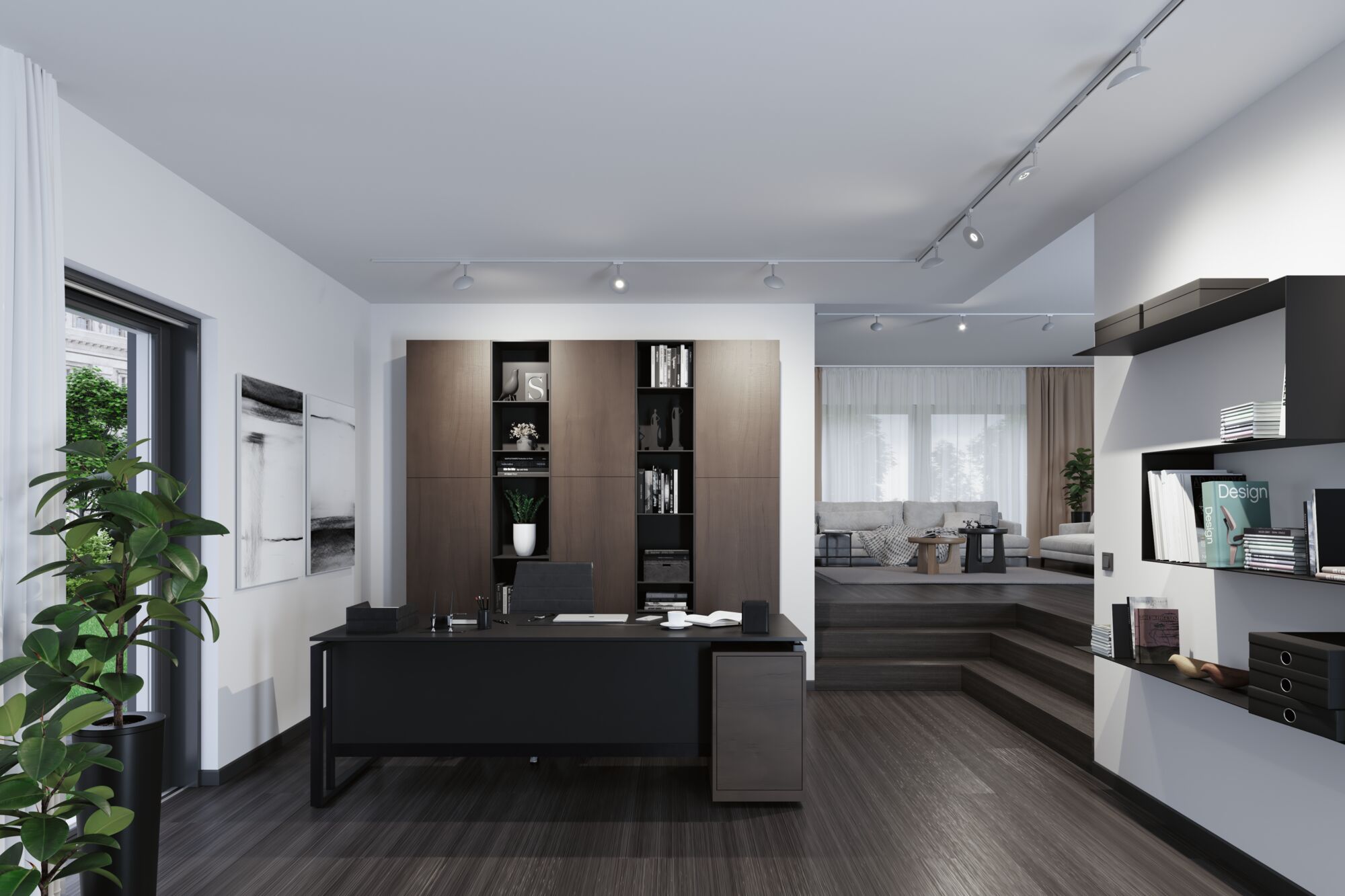 Modern office with black desk and brown wood shelves, LED ceiling spotlights for work lighting