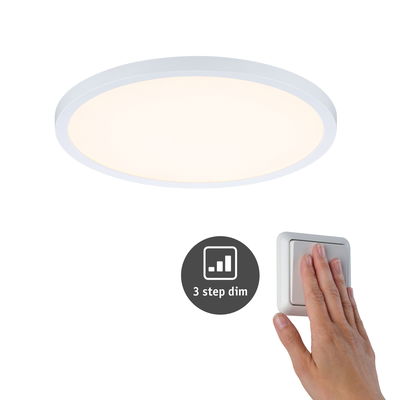 Round white LED ceiling light with 3-step dimming and hand pressing light switch