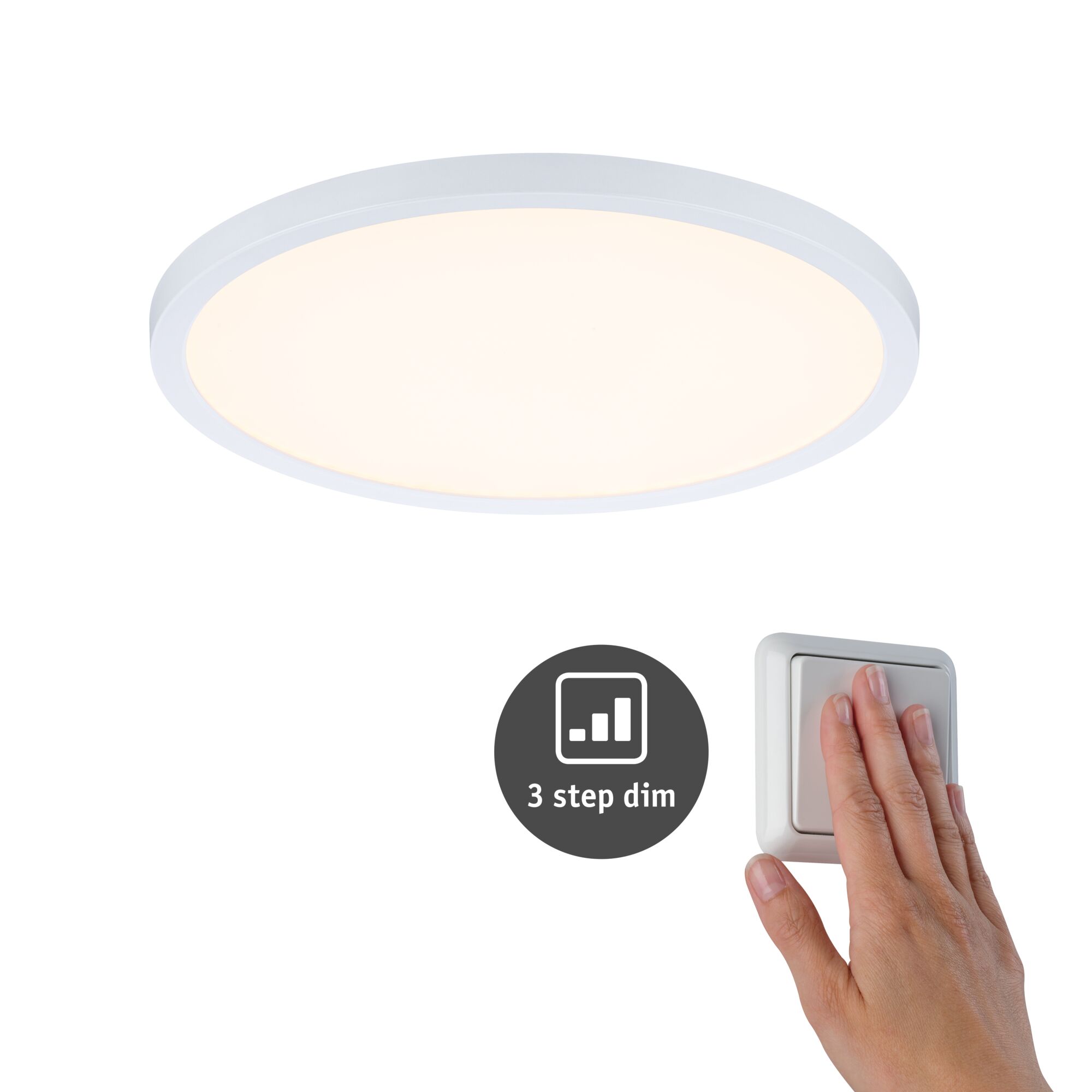 VariFit LED-inbouwpaneel 3-Step-Dim Areo IP44 rond 230mm 16W 1400lm 3000K Wit dimbaar Ronde witte LED-plafondlamp met 3-traps dimfunctie en hand op lichtschakelaar