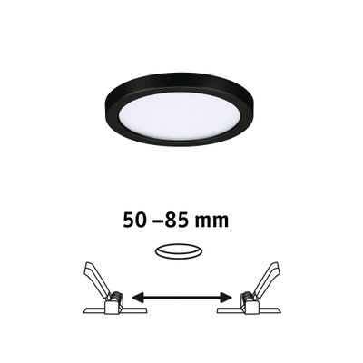 Rund LED-indbygningspanel med sort ramme og hvid diffuser, indbygningsdybde 50-85 mm, LED-loftlampe