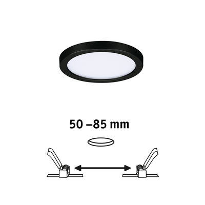 Rund LED-indbygningspanel med sort ramme og hvid diffuser, indbygningsdybde 50-85 mm, LED-loftlampe