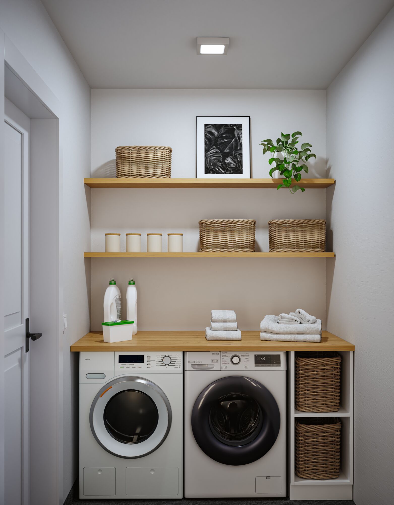 Lave-linge et sèche-linge blancs modernes avec plan de travail en bois et paniers en osier dans buanderie claire