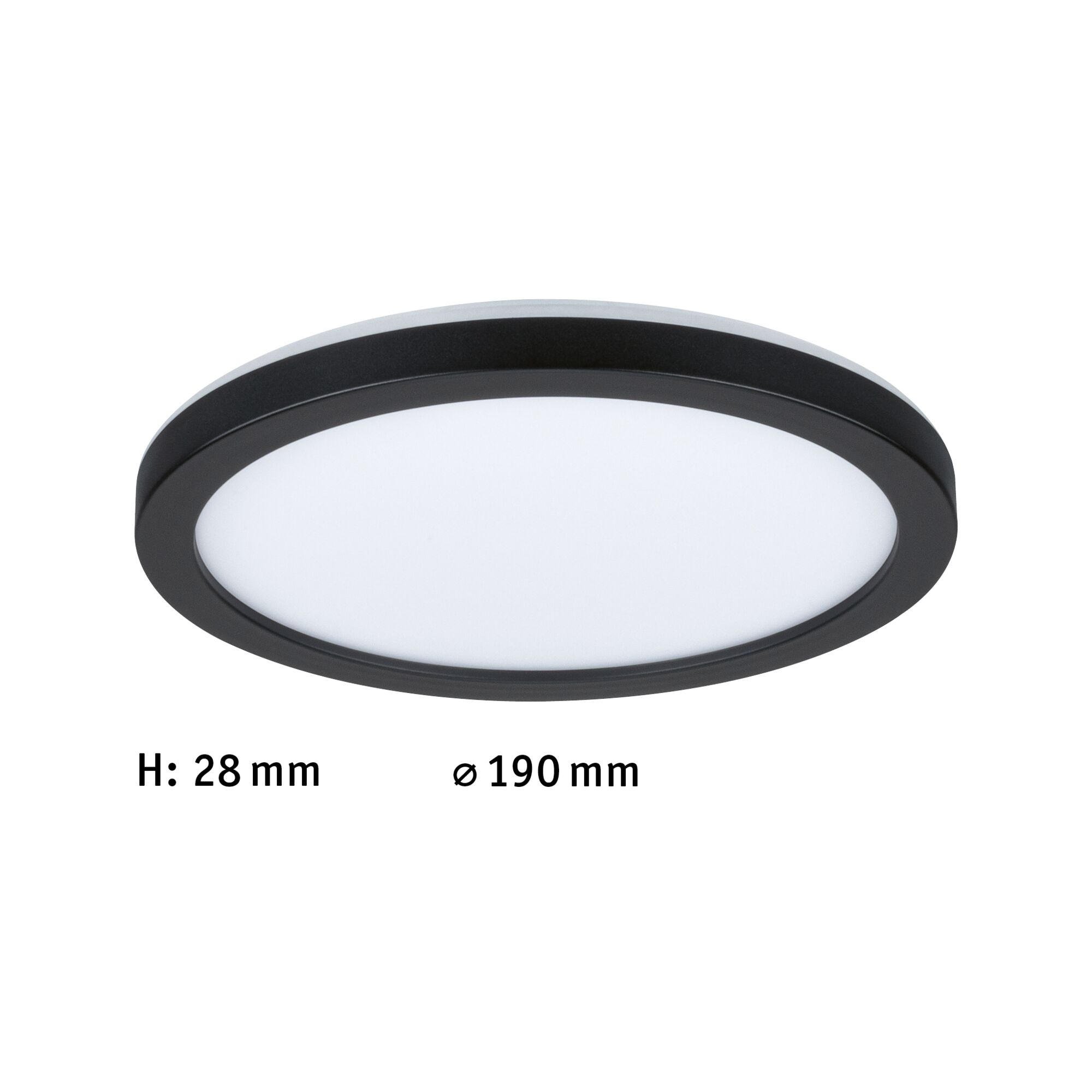 Flat round LED ceiling light with black frame and white diffuser, 190 mm diameter