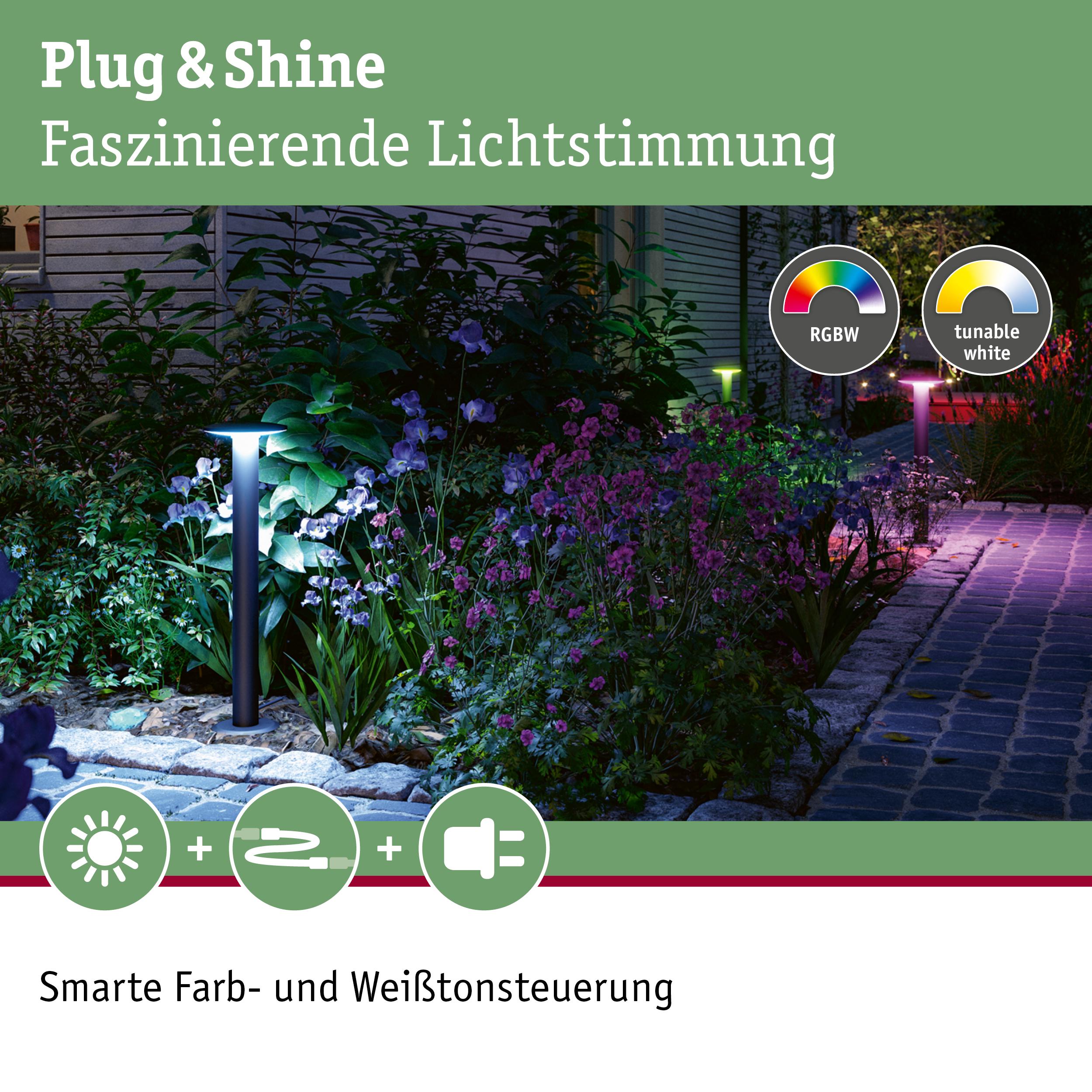 Moderne Plug & Shine LED-Gartenleuchte in Schwarz mit RGBW-Farbsteuerung für stimmungsvolle Außenbeleuchtung