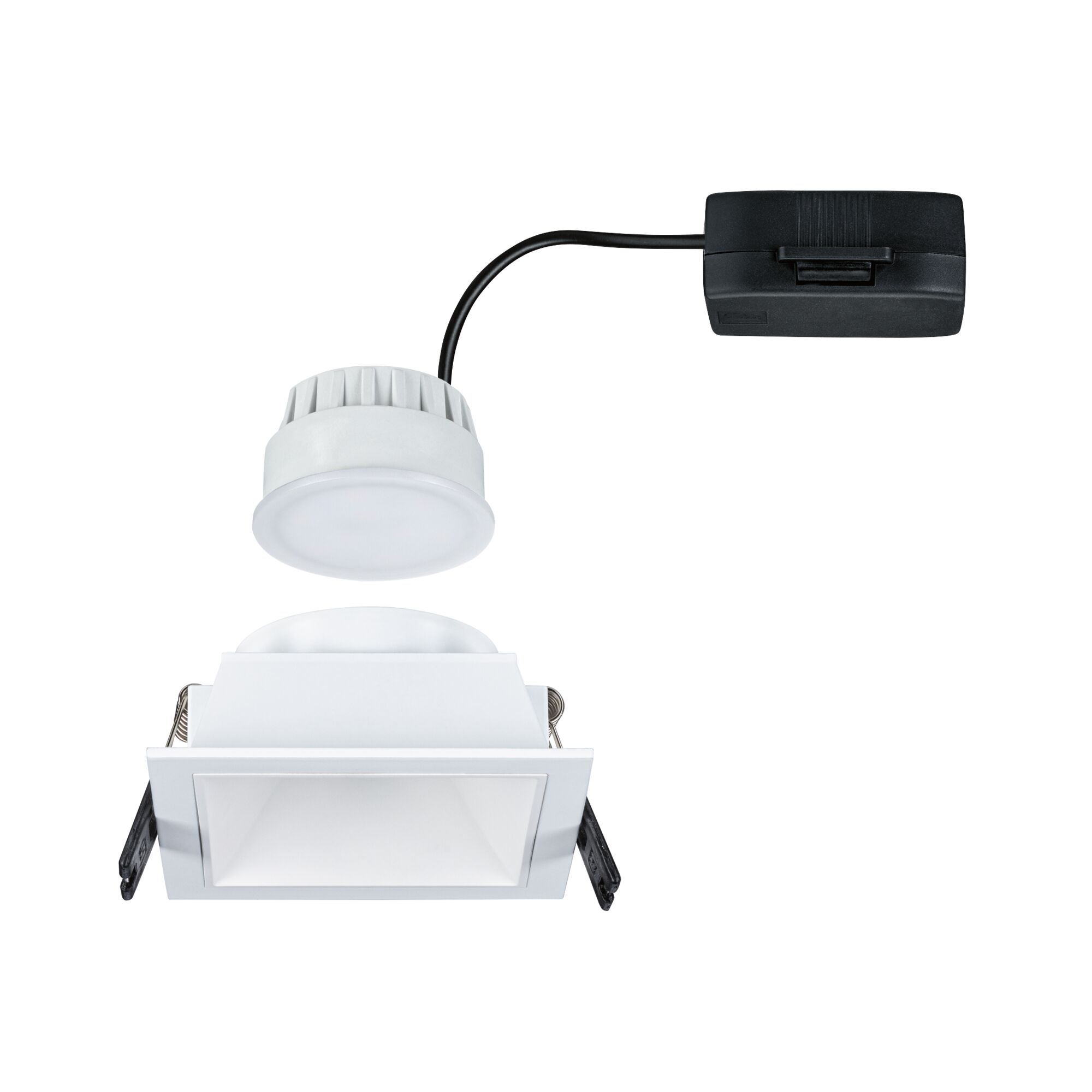 Weißer quadratischer LED-Einbaustrahler mit separatem Treiber und schwarzem Kabel für Innenbeleuchtung