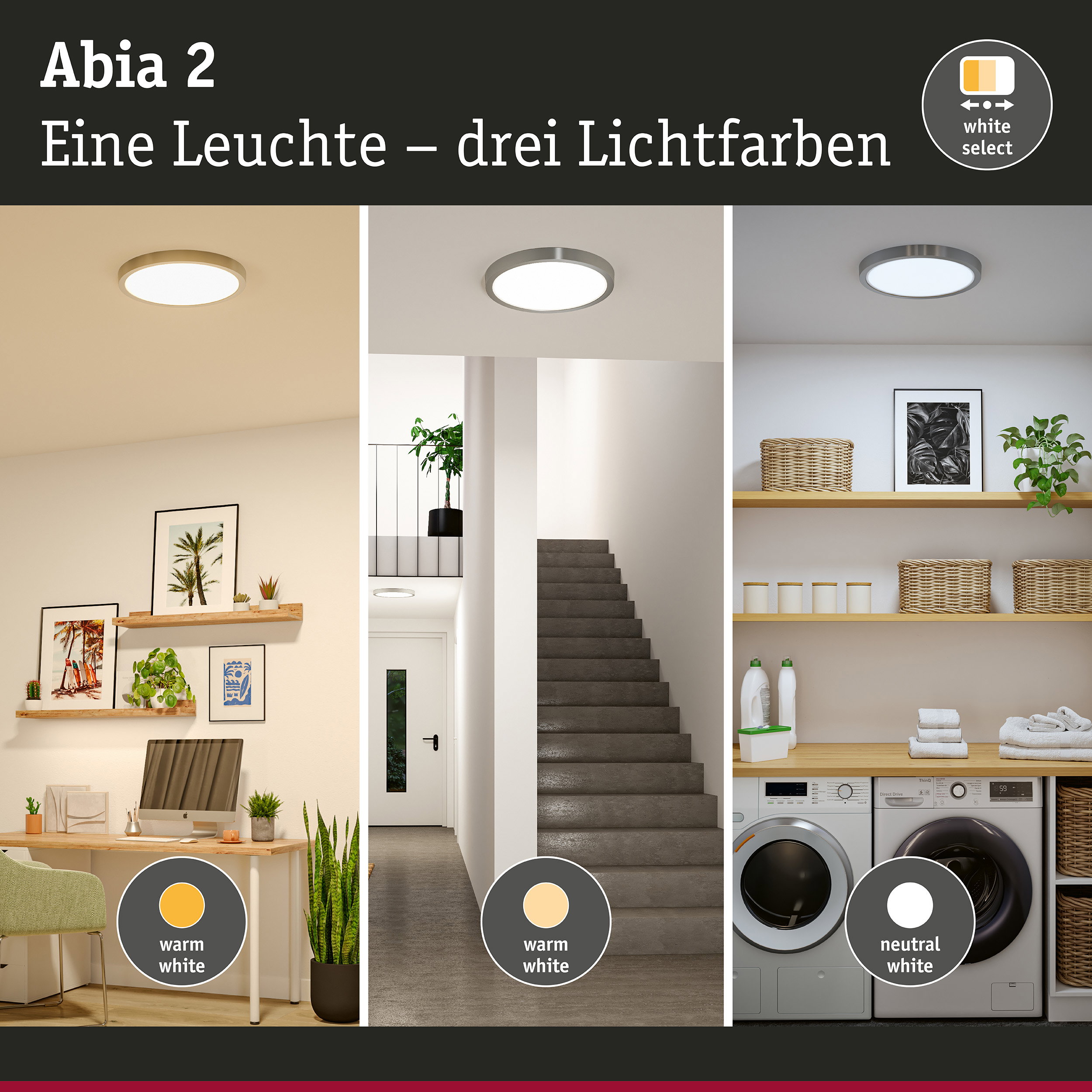 Abia 2 Deckenleuchte mit drei Lichtfarben warmweiß, neutralweiß und tageslicht für Wohnräume