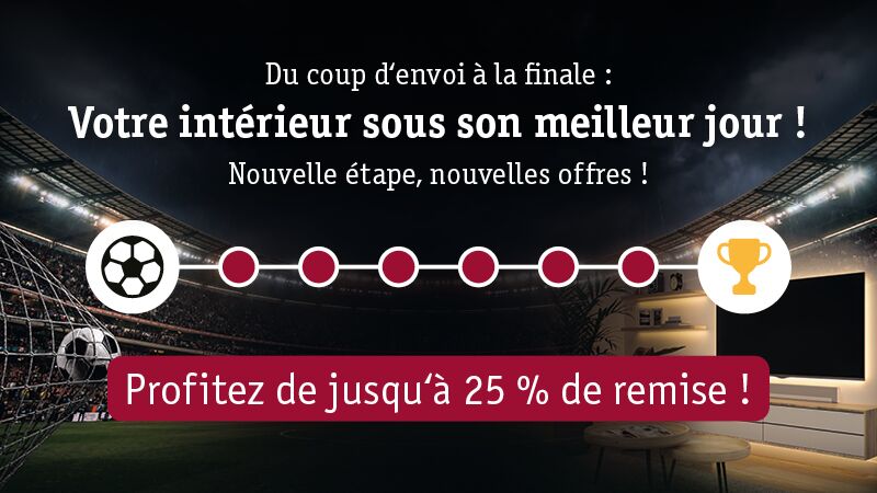 Promotion avec stade de football et éclairage intérieur offrant jusqu'à 25 % de remise sur l'éclairage