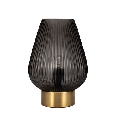 Lampe de table moderne en verre fumé cannelé avec base en métal doré pour un éclairage élégant