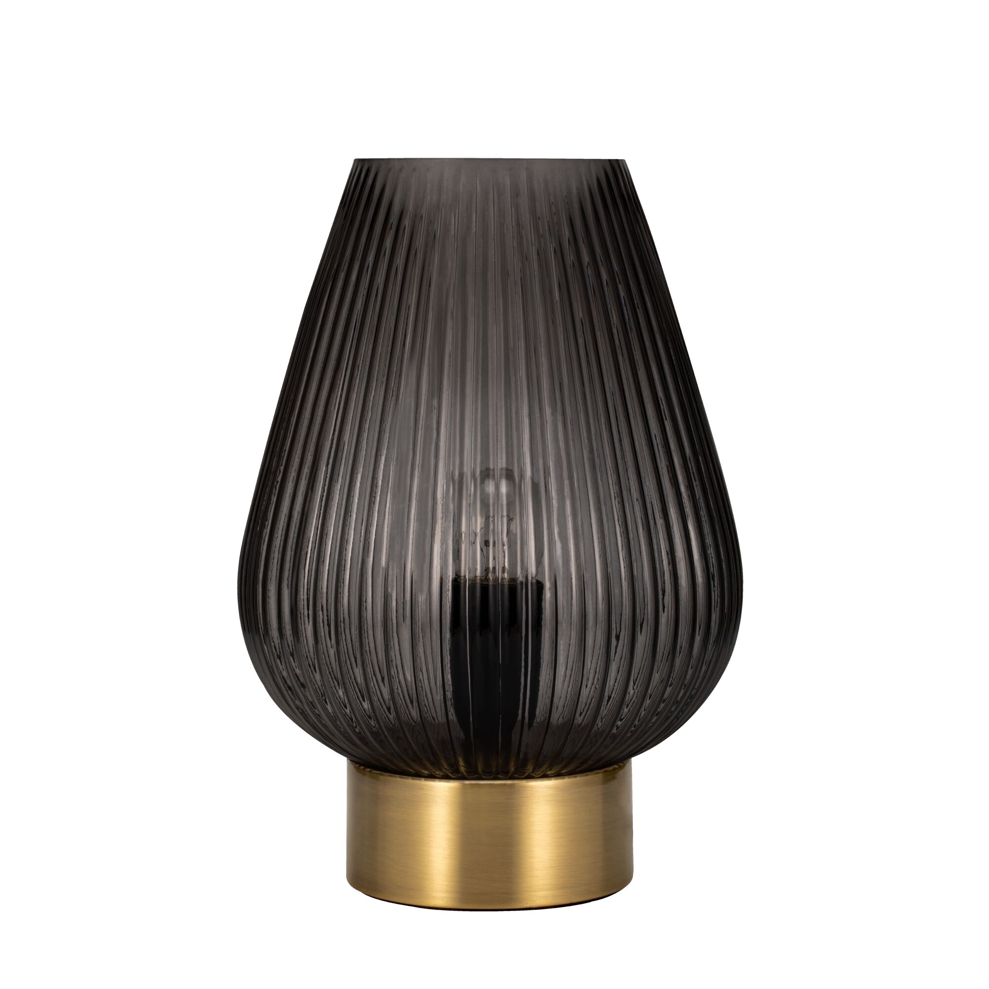 Modern table lamp with ribbed smoked glass and gold metal base for elegant decorative lighting