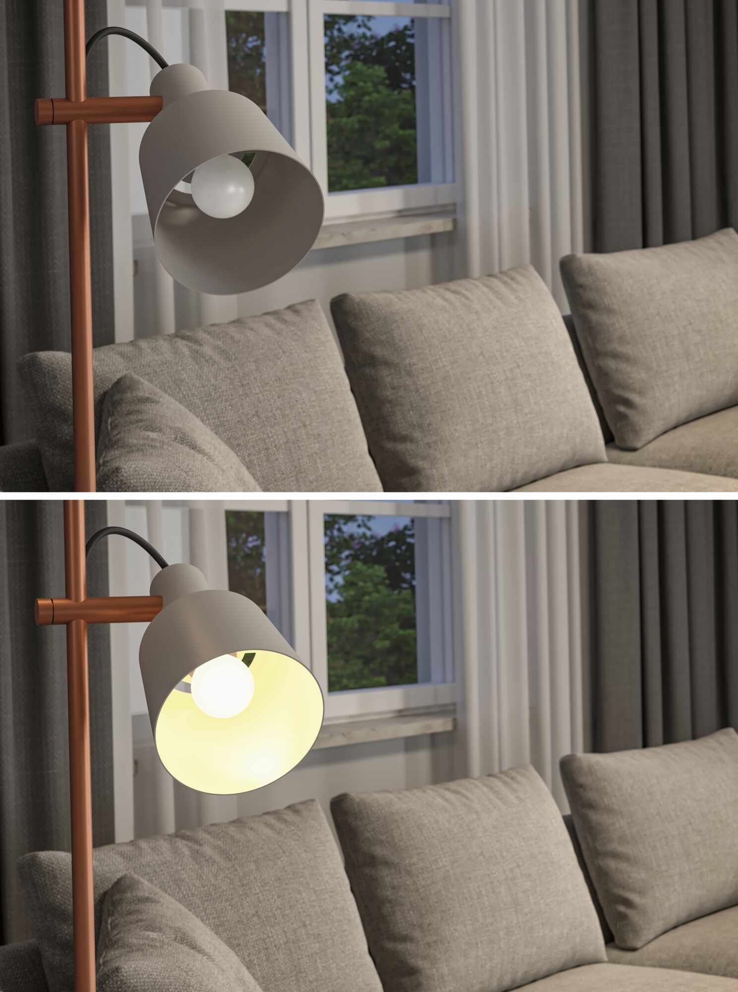 Lampadaire moderne avec abat-jour en métal gris et structure cuivrée à côté d'un canapé gris.