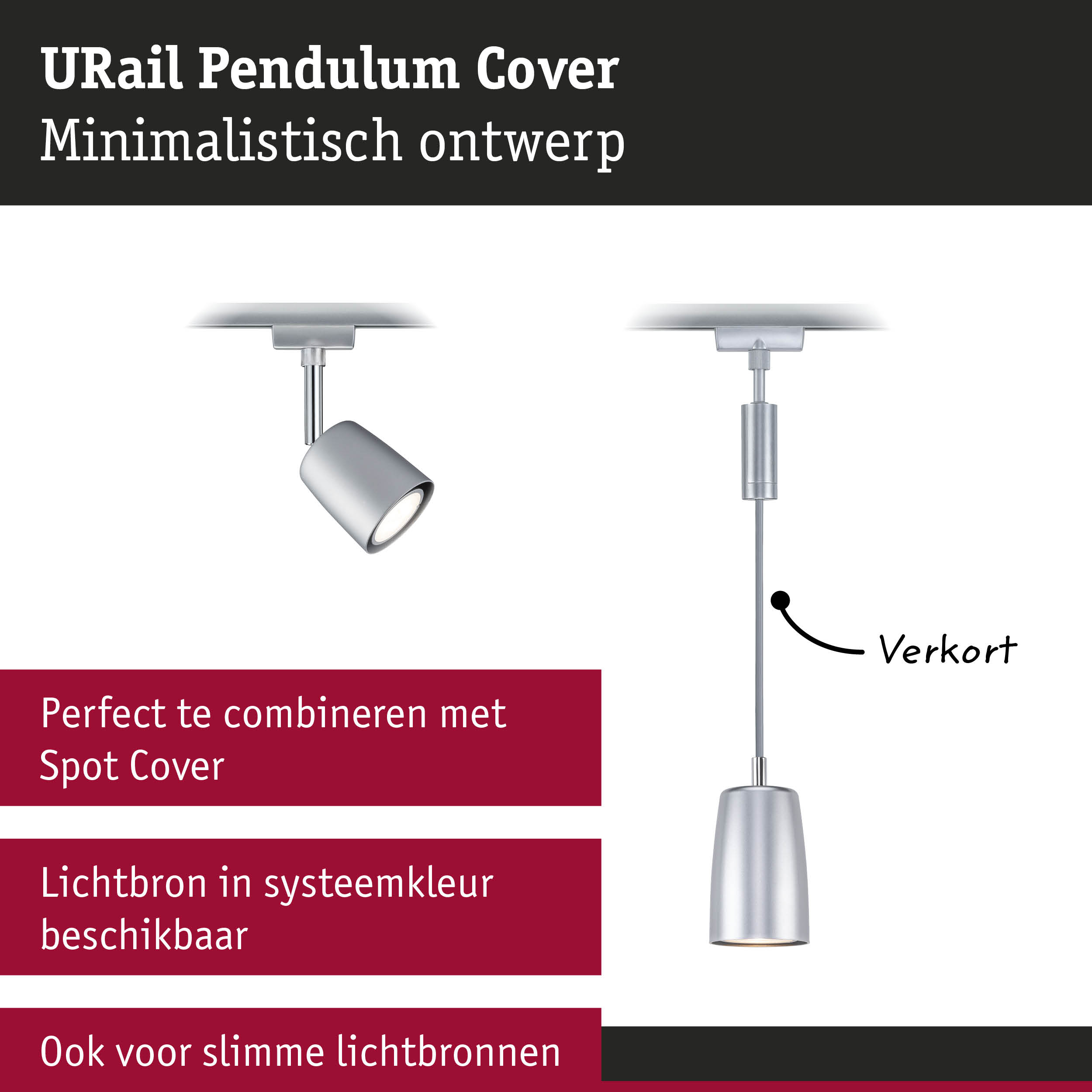 Minimalistische zilveren URail Pendulum Cover voor moderne railsystemen met LED-verlichting
