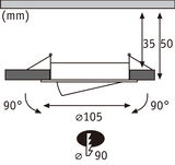 Technische Zeichnung eines Einbaustrahler mit 105 mm Durchmesser und 50 mm Einbautiefe, 90 Grad schwenkbar.