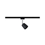 Black aluminum spotlight on track system with adjustable head for focused lighting in interiors