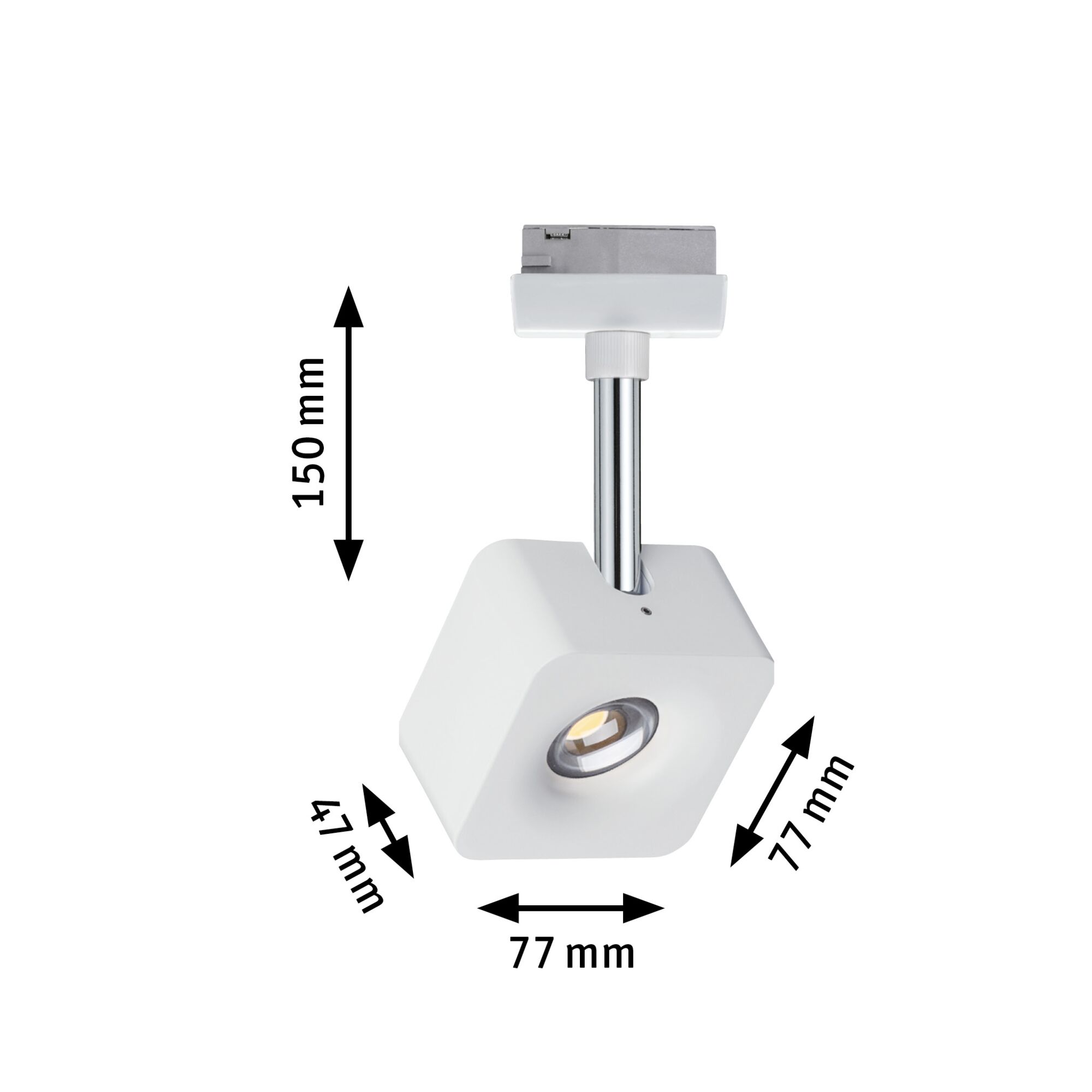 White metal LED spotlight 150 mm high and 77 mm wide for modern track lighting systems.