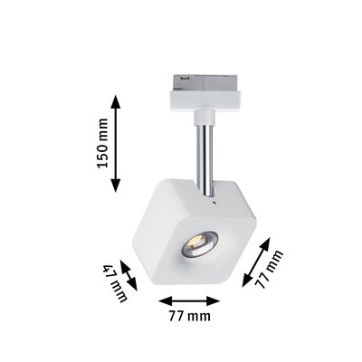 Weißer LED-Spot aus Metall mit 150 mm Höhe und 77 mm Breite für moderne Schienensysteme.