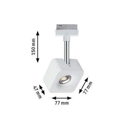 Weißer LED-Spot aus Metall mit 150 mm Höhe und 77 mm Breite für moderne Schienensysteme.