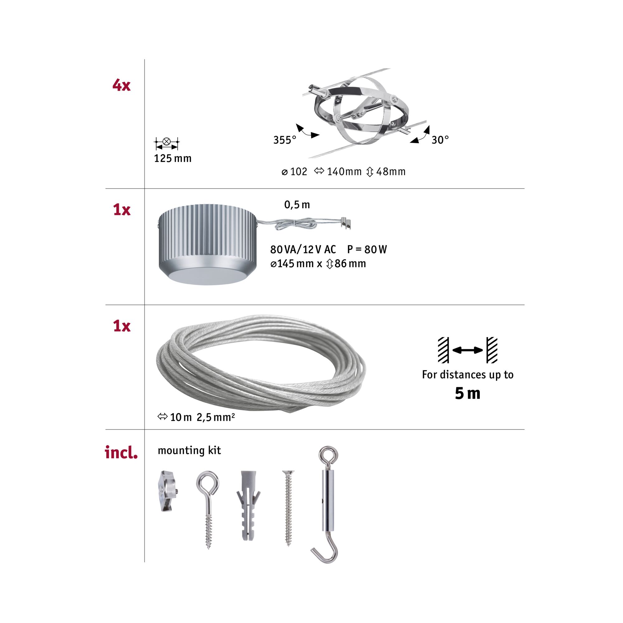 Schéma technique avec quatre supports réglables en acier inoxydable, transformateur et câble en acier de 10 m pour éclairage LED.