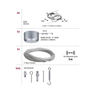 Technical drawing showing four adjustable stainless steel mounts, transformer, and 10 m steel cable for LED lighting.
