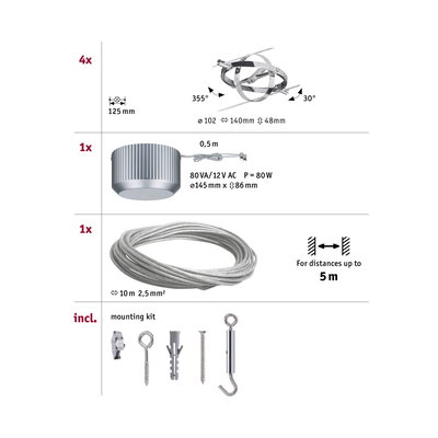 Technical drawing showing four adjustable stainless steel mounts, transformer, and 10 m steel cable for LED lighting.