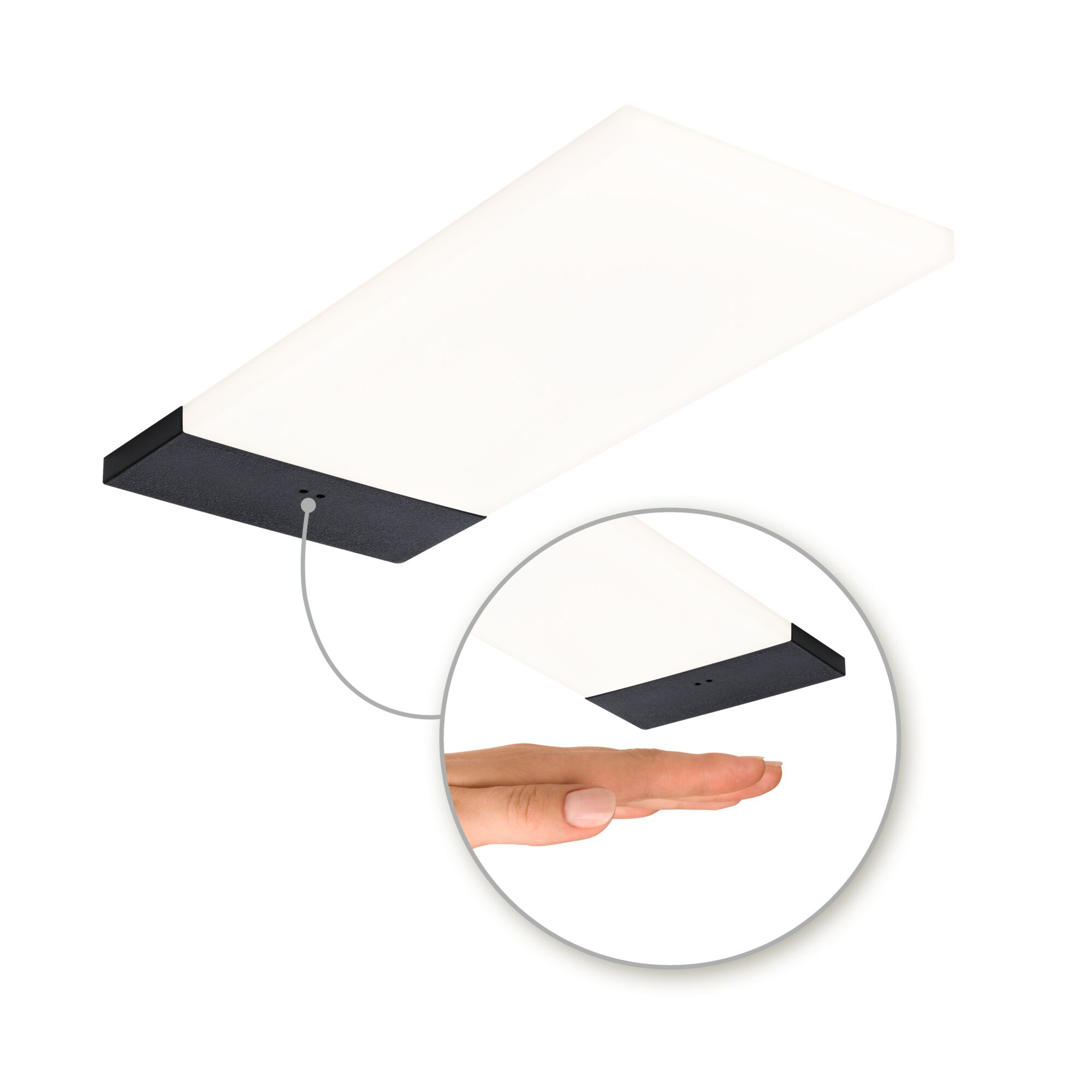 Rechthoekige plafondlamp met witte diffuser en zwart frame, contactloze bediening met hand