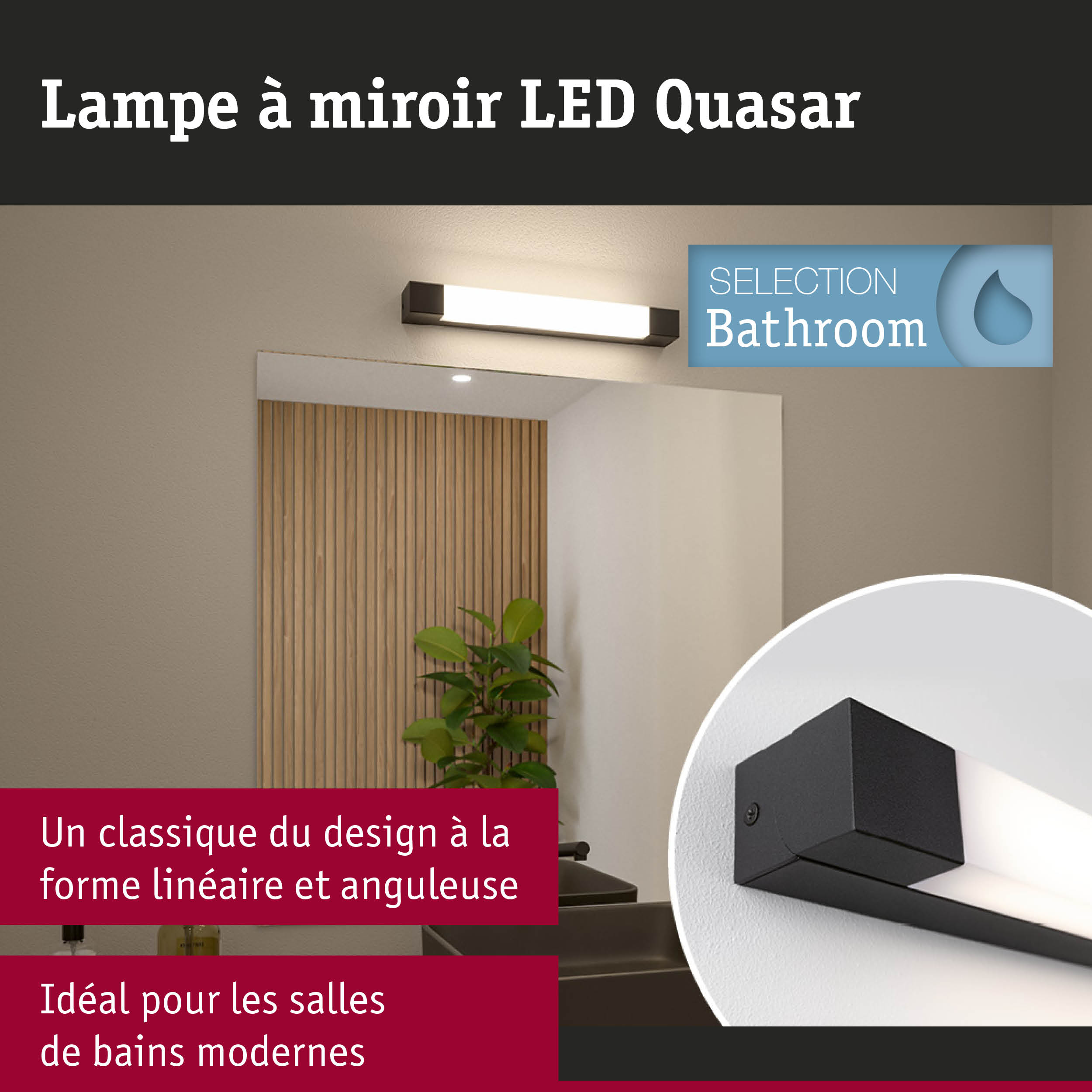 Lampe à miroir LED Quasar noire au design linéaire, idéale pour l’éclairage de salles de bains modernes.
