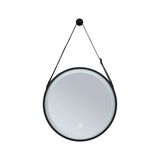 Round wall mirror with black frame and LED lighting, modern design mirror with hanging strap