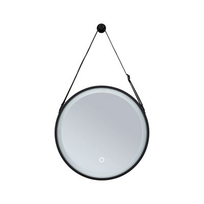 Round wall mirror with black frame and LED lighting, modern design mirror with hanging strap